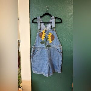 Vintage sz LDenim Overalls with Sunflower Design